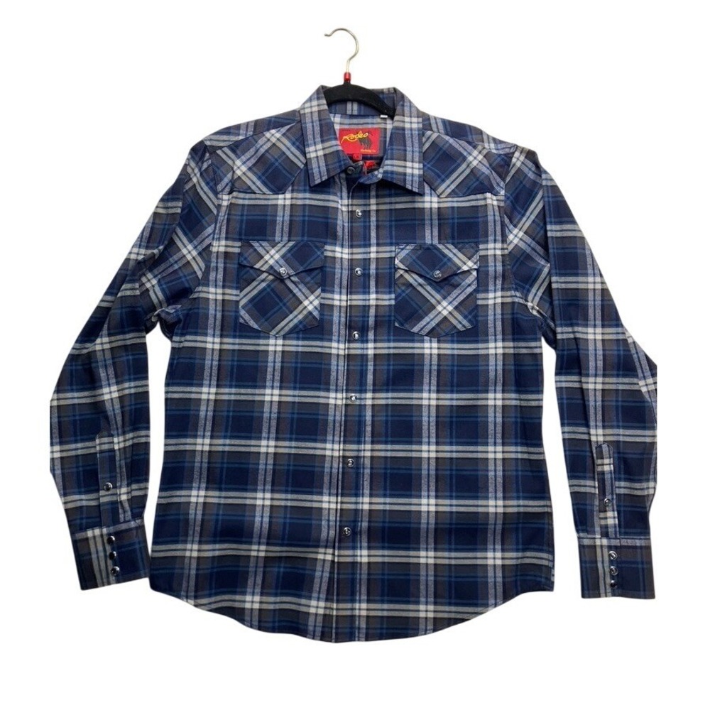 Rodeo Clothing Co Mens Blue Plaid Western Snap Front‎ Shirt FLS300 Large NWT